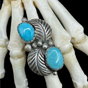 Adam Fierro Sterling Silver Santa Rita Turquoise Adjustable Feather Ring size 8